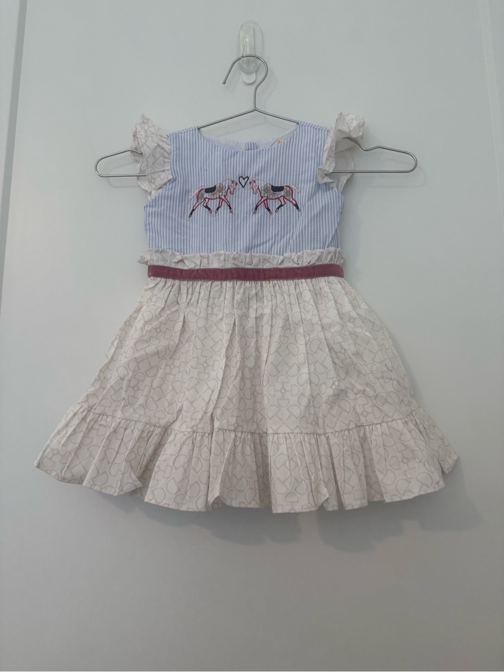 Girls Cream & Light Blue Horse Embroidered Summer Dress